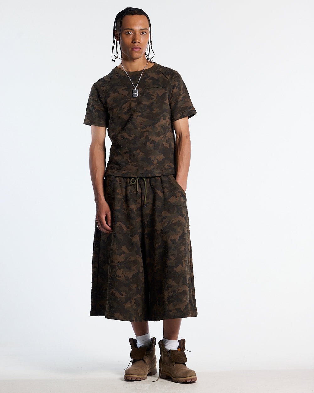 FRONT LINE TEE GREEN - olive camo tee, front view on male model - Cold Culture