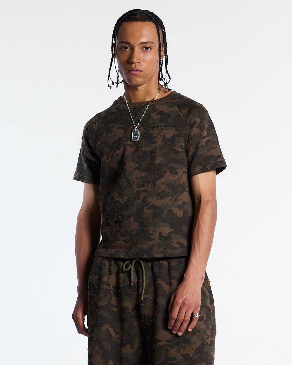 FRONT LINE TEE GREEN - olive camo tee, front view on male model - Cold Culture