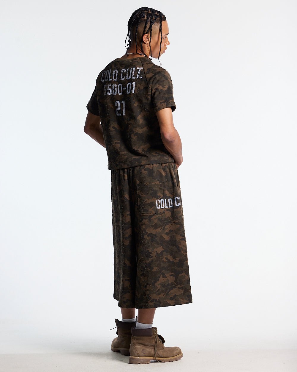 FRONT LINE TEE GREEN - olive camo tee, back view on male model - Cold Culture