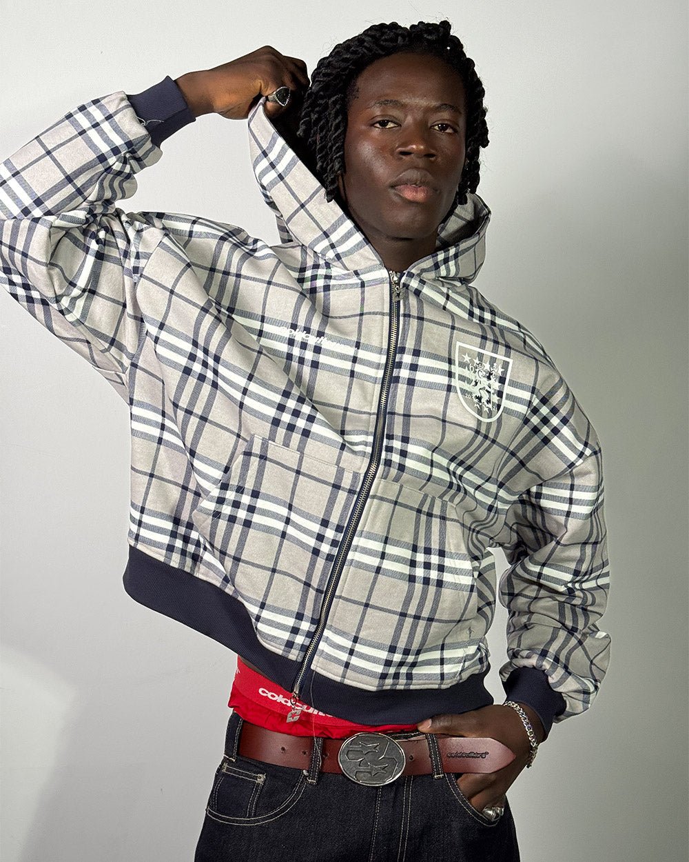 GRID ZIP HOODIE TARTAN DARK BLUE/GREY - Cold Culture