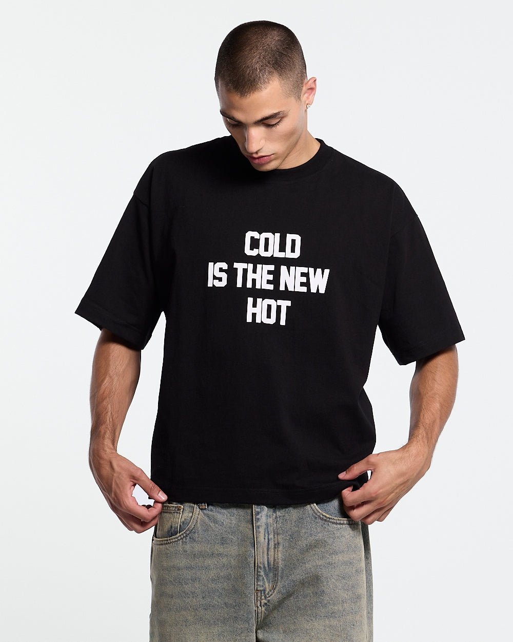 HOT TEE BLACK - black slogan print tee, front view on male model - Cold Culture