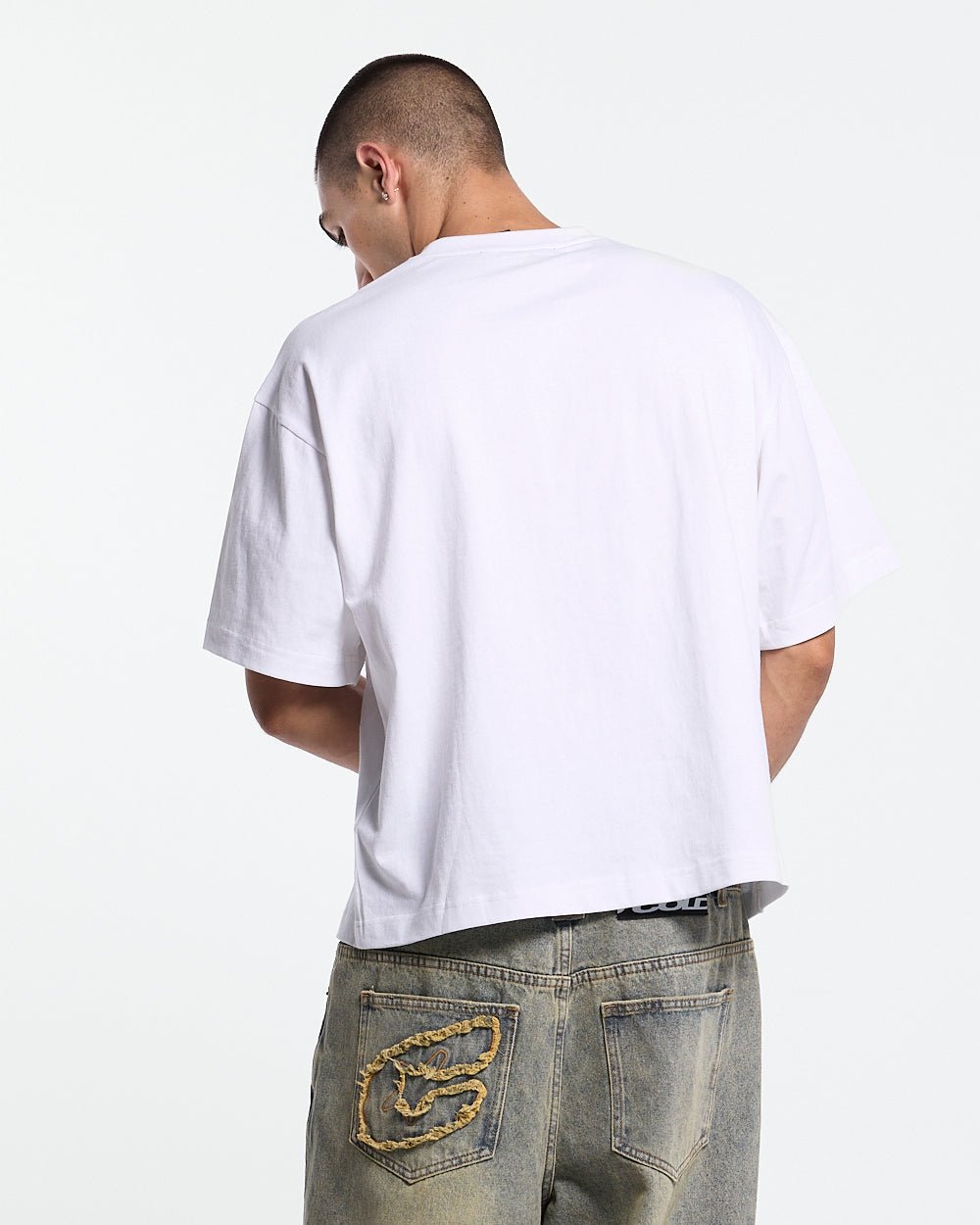 HOT TEE WHITE - white slogan print tee, back view on male model - Cold Culture