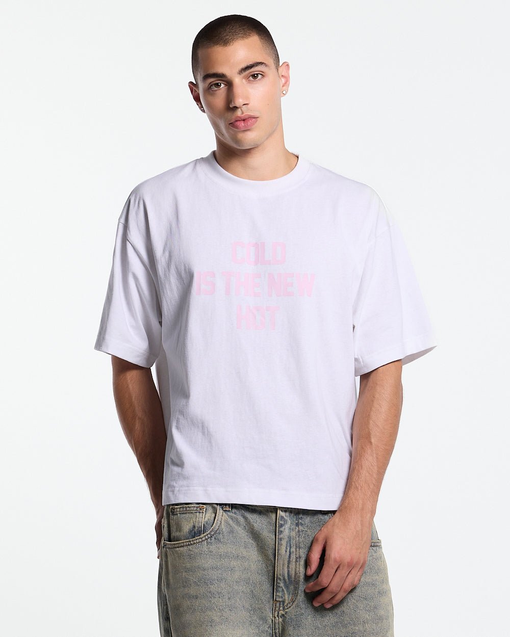 HOT TEE WHITE - white slogan print tee, front view on male model - Cold Culture