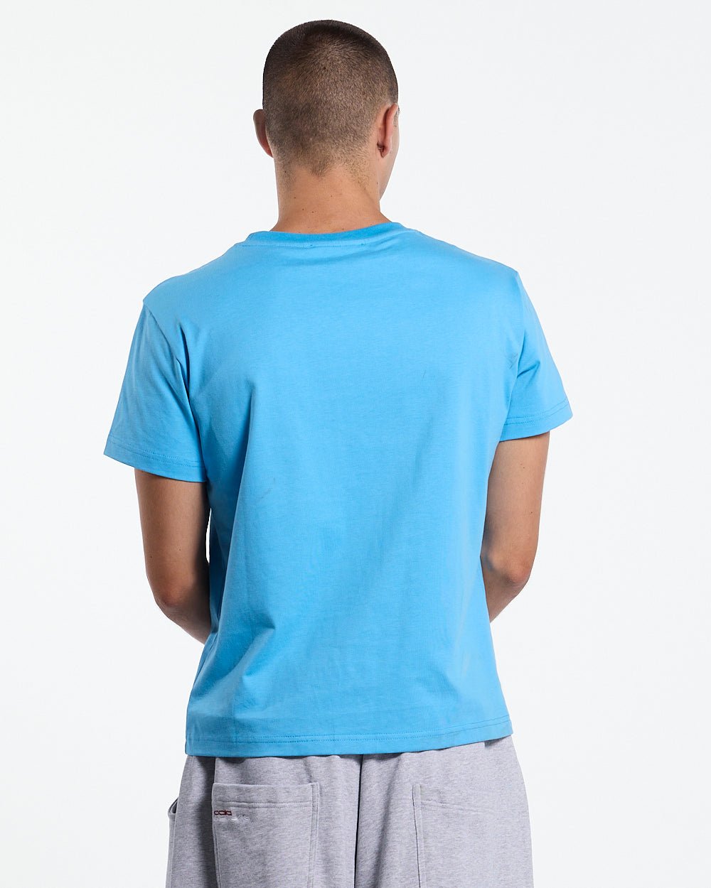 ICEY TEE BLUE - light blue graphic tee, back view on male model - Cold Culture