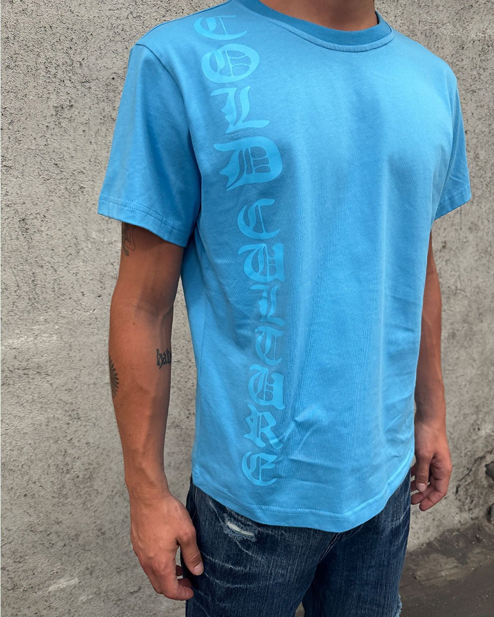 ICEY TEE BLUE - light blue graphic tee, on model close-up - Cold Culture