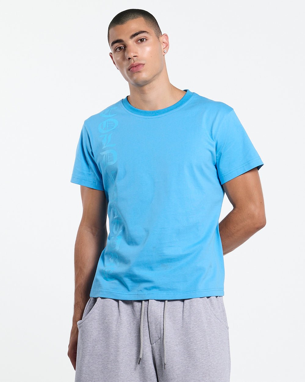 ICEY TEE BLUE - light blue graphic tee, front view on male model - Cold Culture
