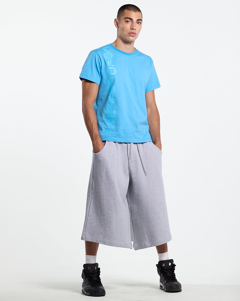 ICEY TEE BLUE - light blue graphic tee, front view on male model - Cold Culture