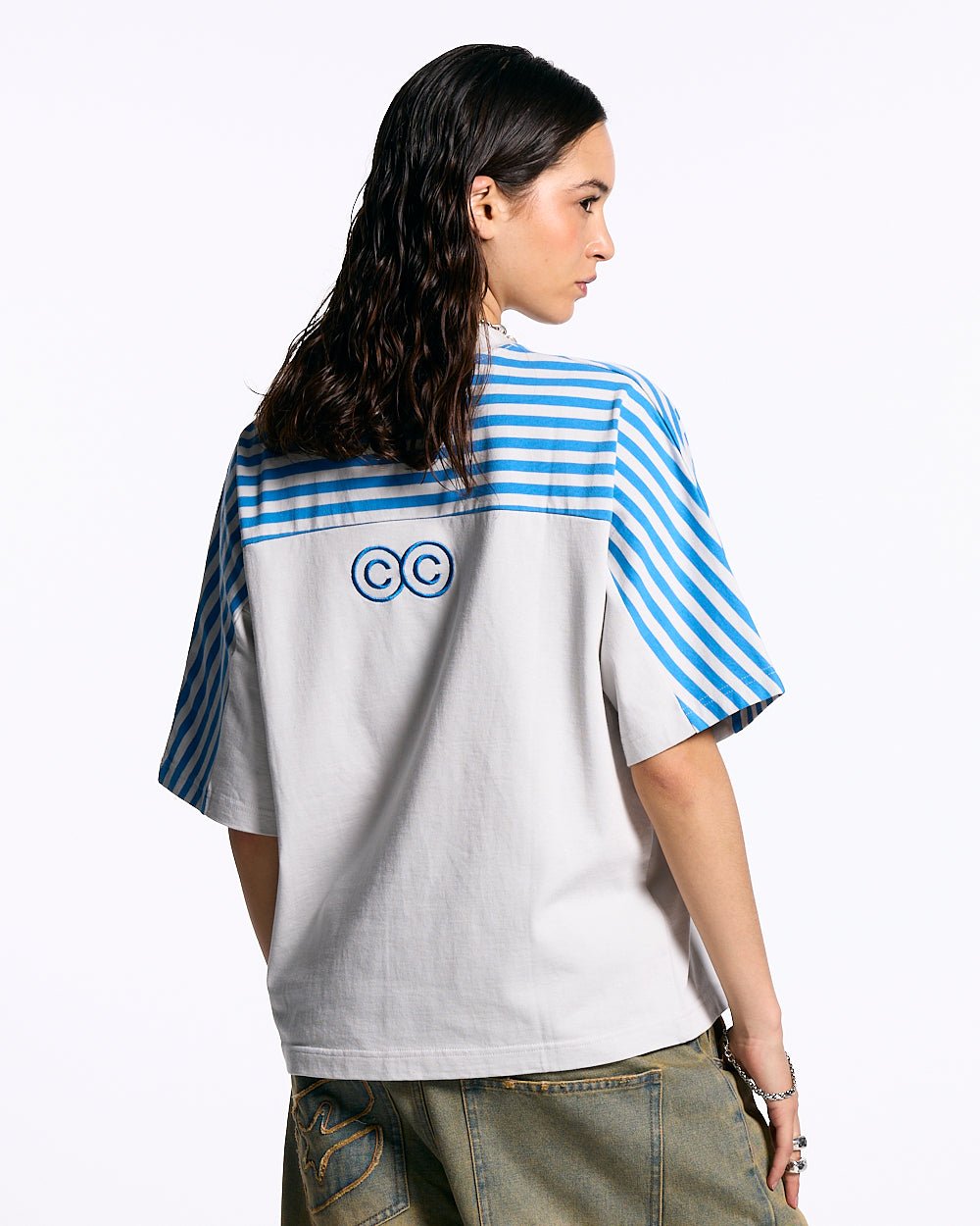 LOLLY HALF STRIPES TEE GREY AND BLUE - COLD CULTURE