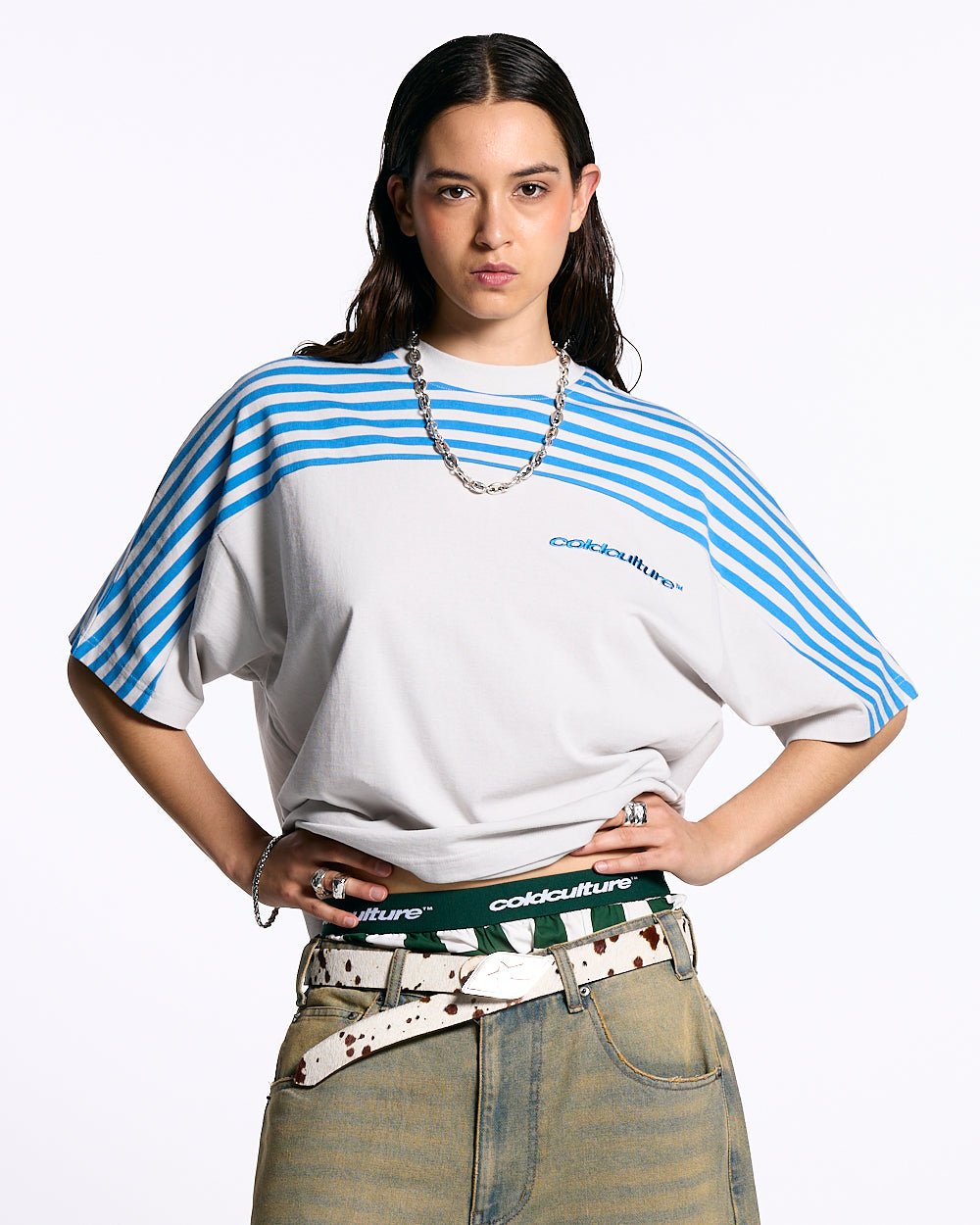 LOLLY HALF STRIPES TEE GREY AND BLUE - COLD CULTURE