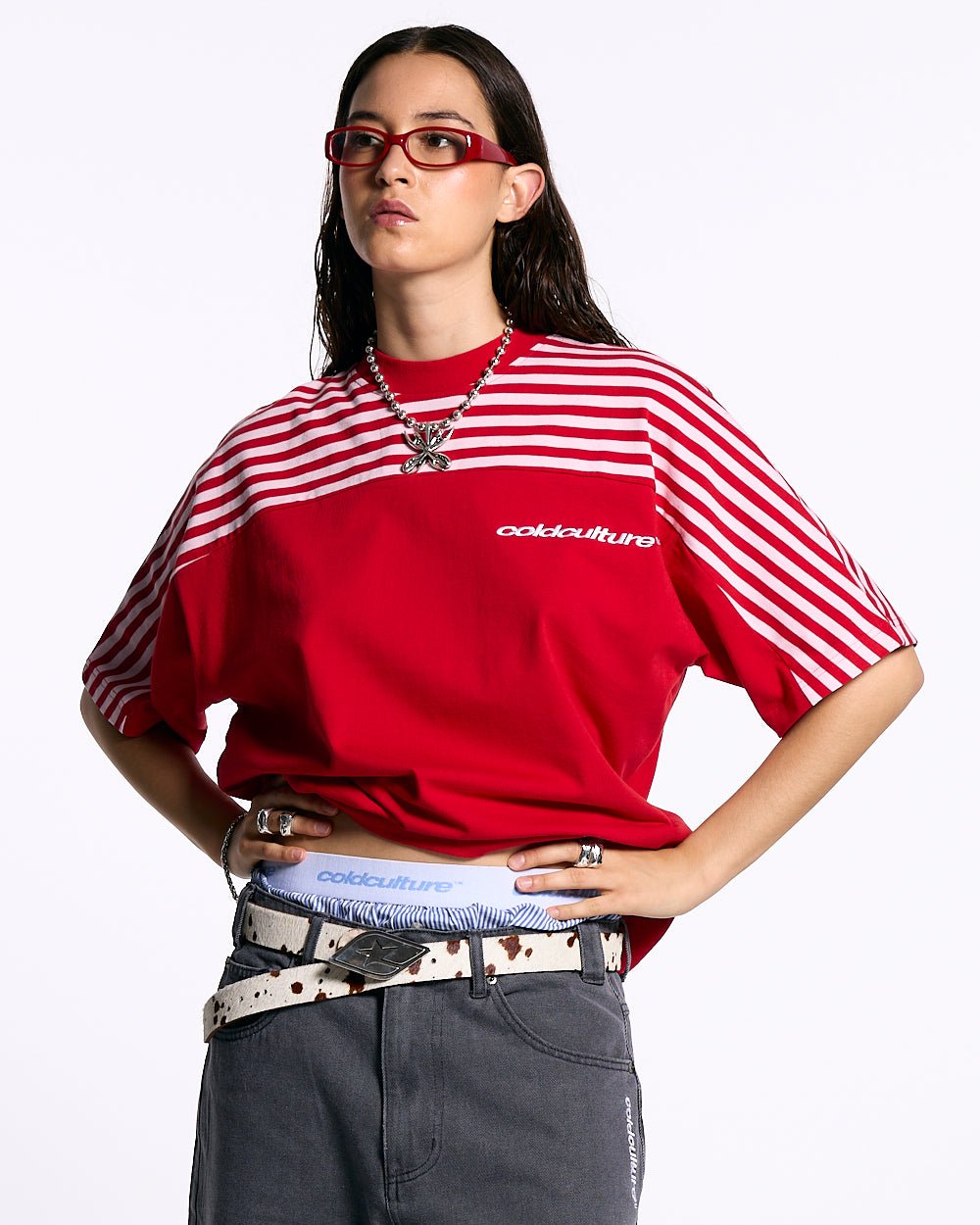 LOLLY HALF STRIPES TEE PINK AND RED - COLD CULTURE