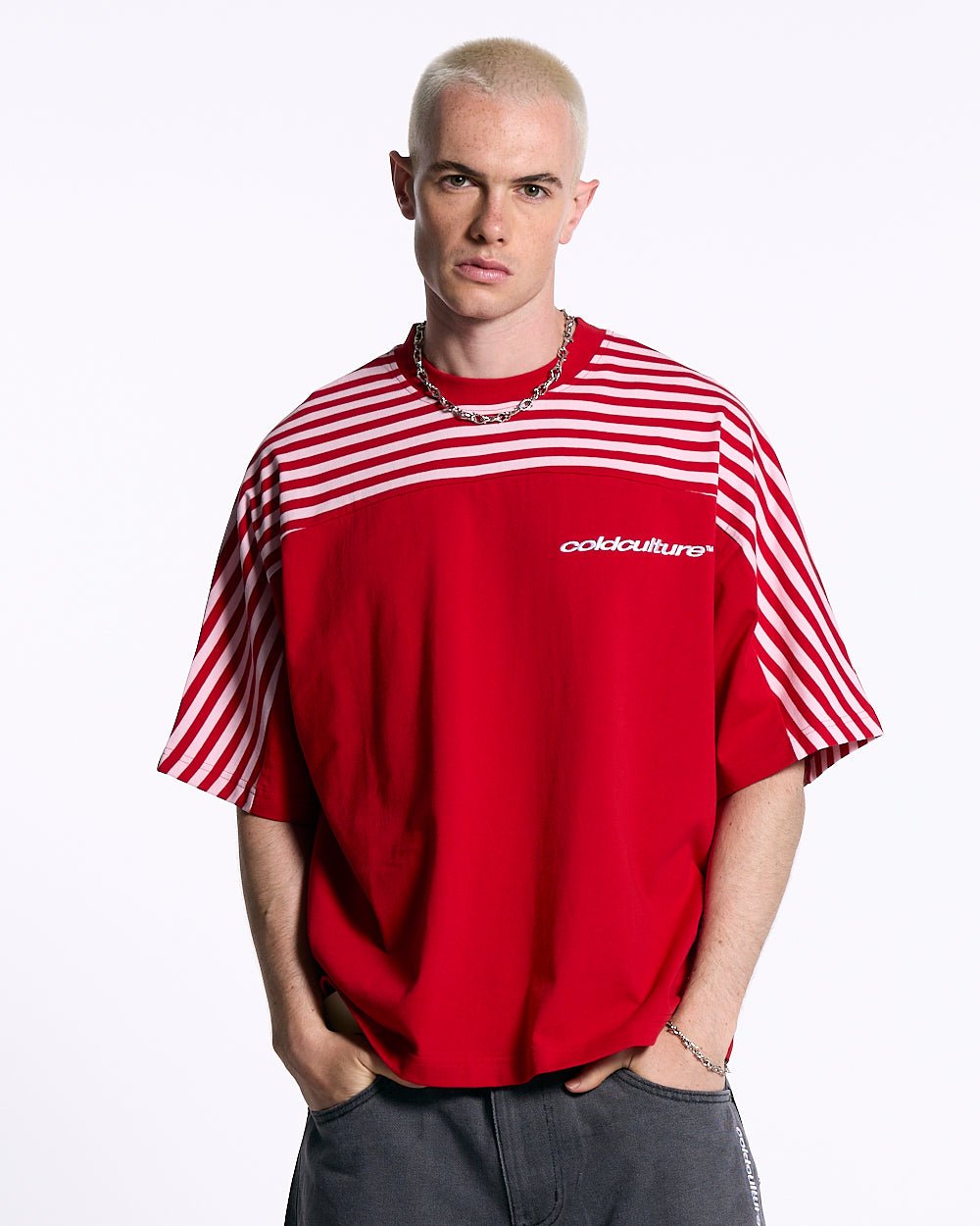 LOLLY HALF STRIPES TEE PINK AND RED - COLD CULTURE
