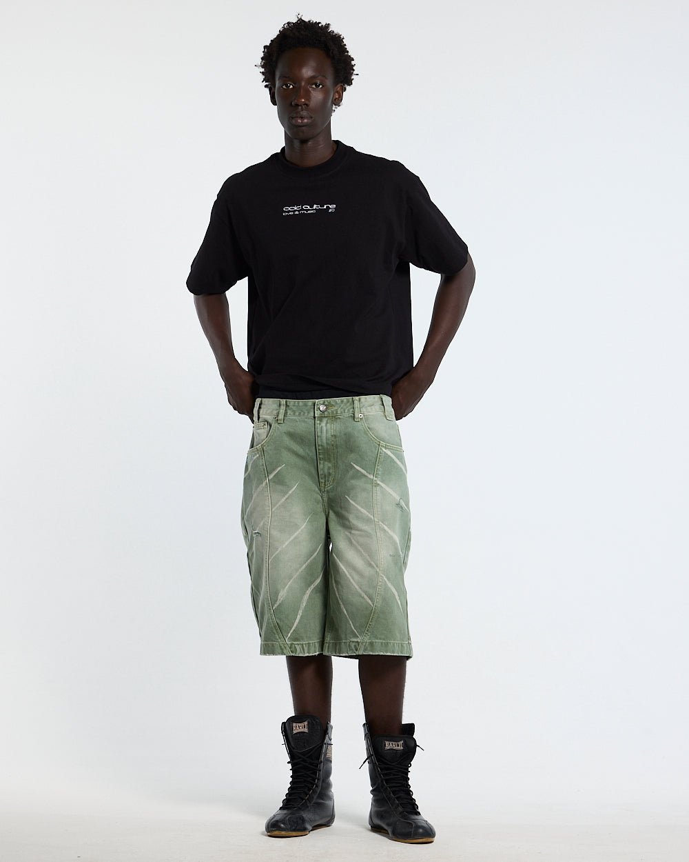 LOVEPODS TEE BLACK - black graphic print tee, front view on male model - Cold Culture