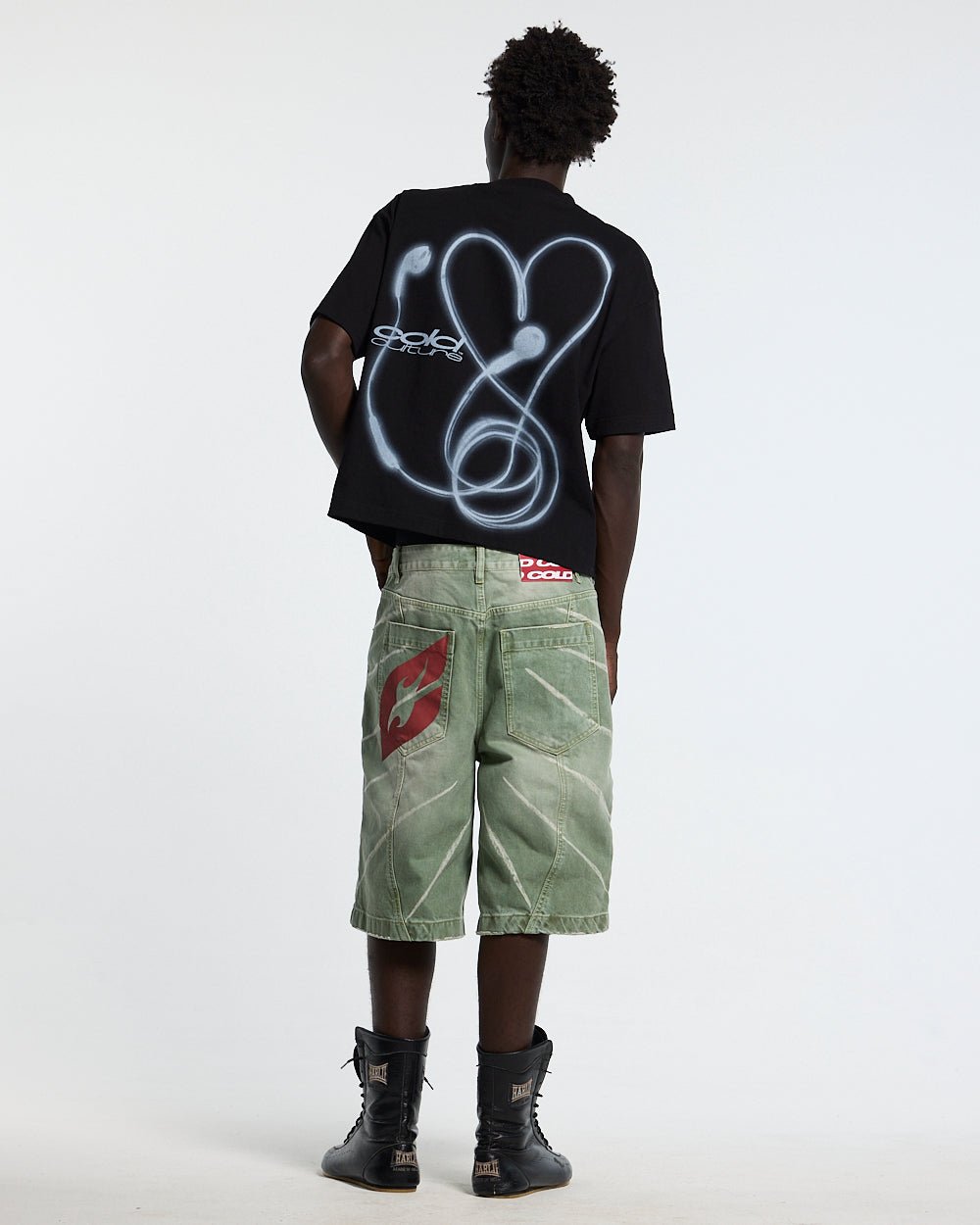 LOVEPODS TEE BLACK - black graphic print tee, back view on male model - Cold Culture