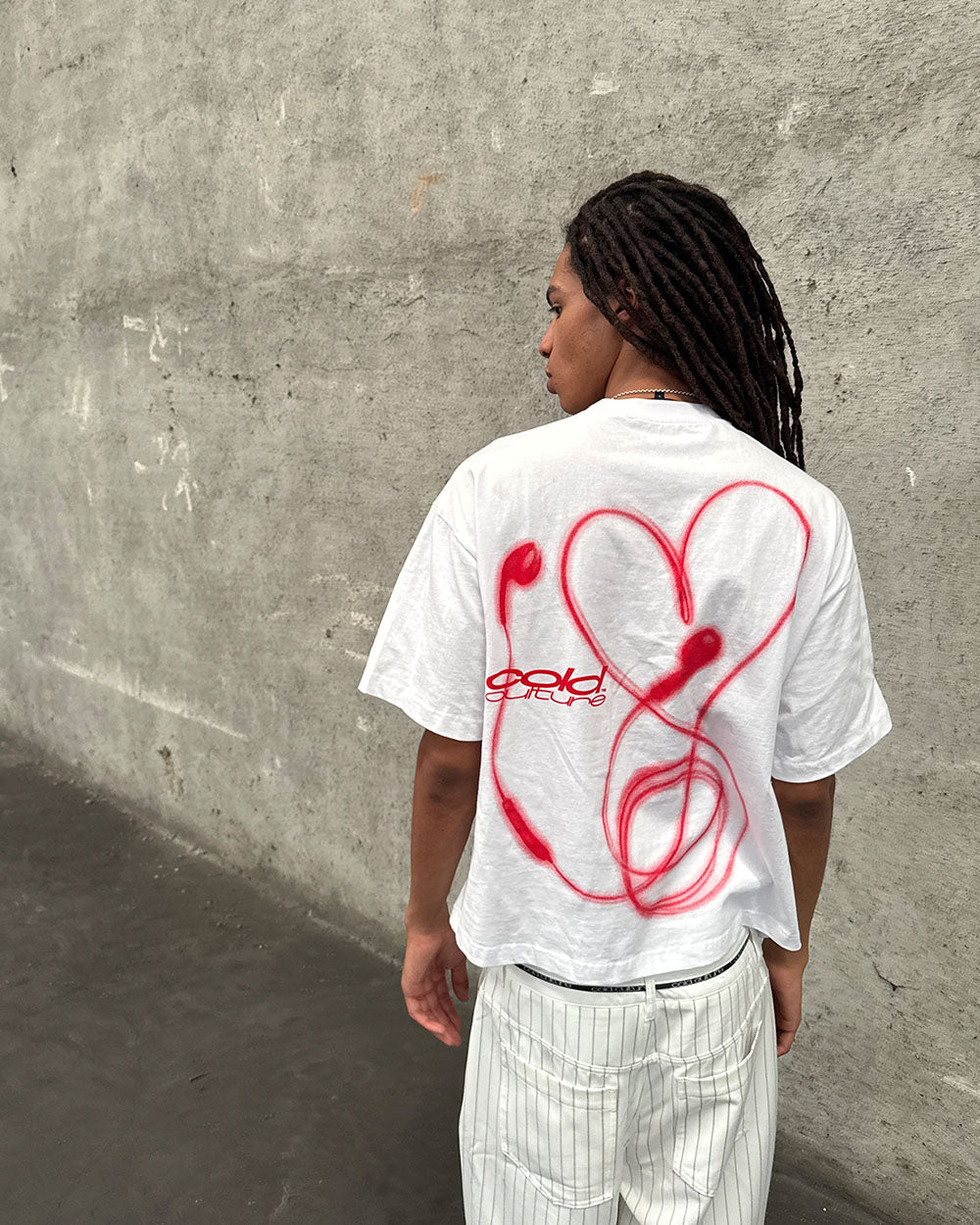 LOVEPODS TEE WHITE - white graphic print tee, street style shot - Cold Culture
