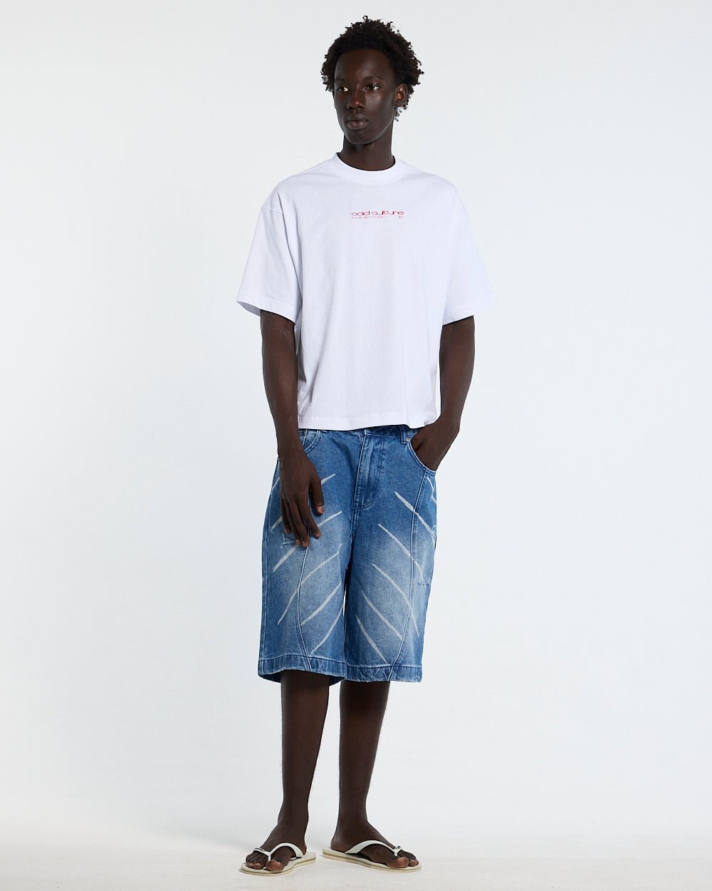 LOVEPODS TEE WHITE - white graphic print tee, front view on male model - Cold Culture