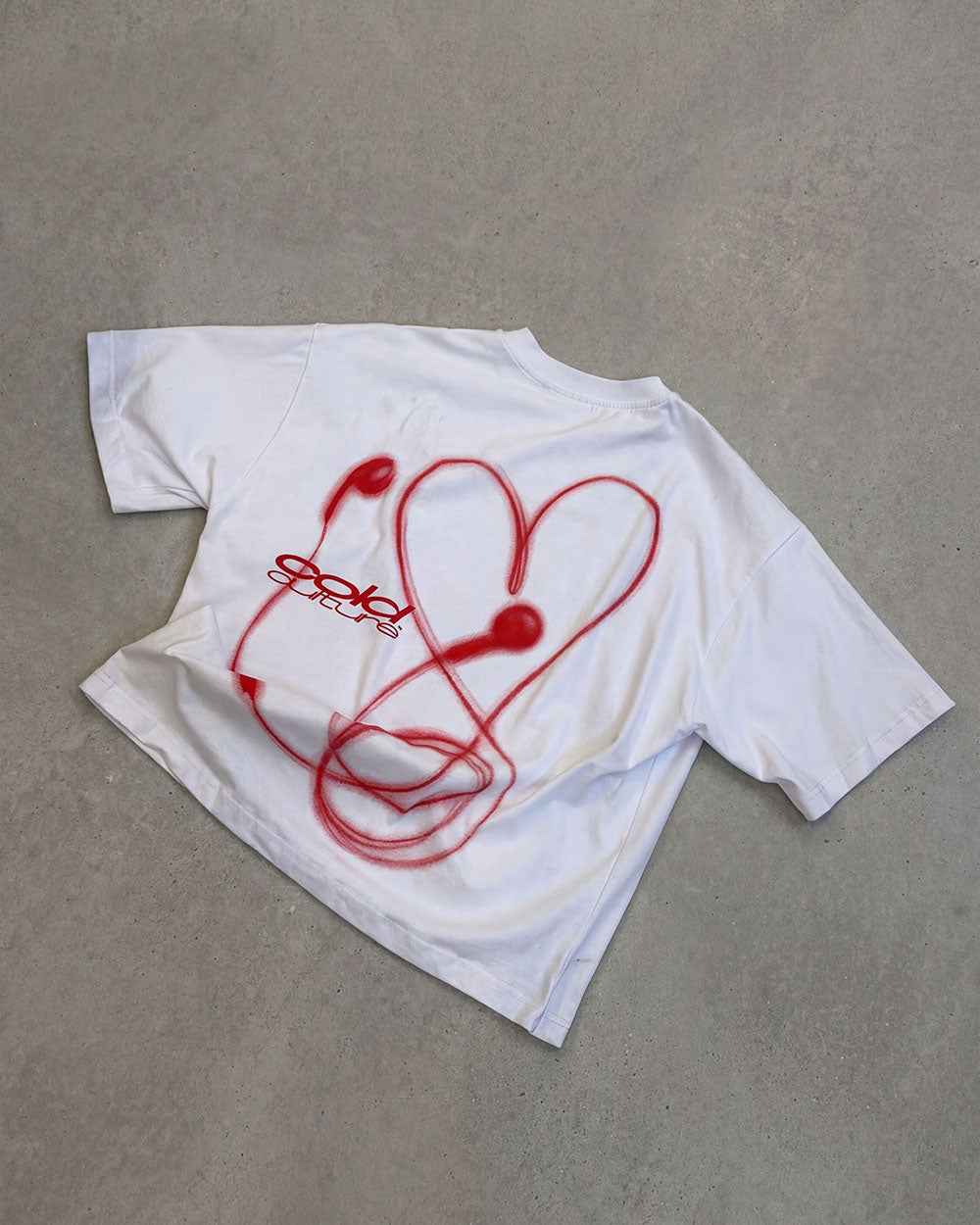 LOVEPODS TEE WHITE - white graphic print tee, flat lay - Cold Culture