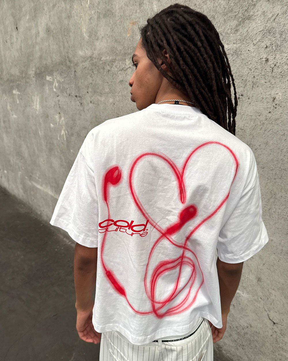 LOVEPODS TEE WHITE - white graphic print tee, back view on male model - Cold Culture