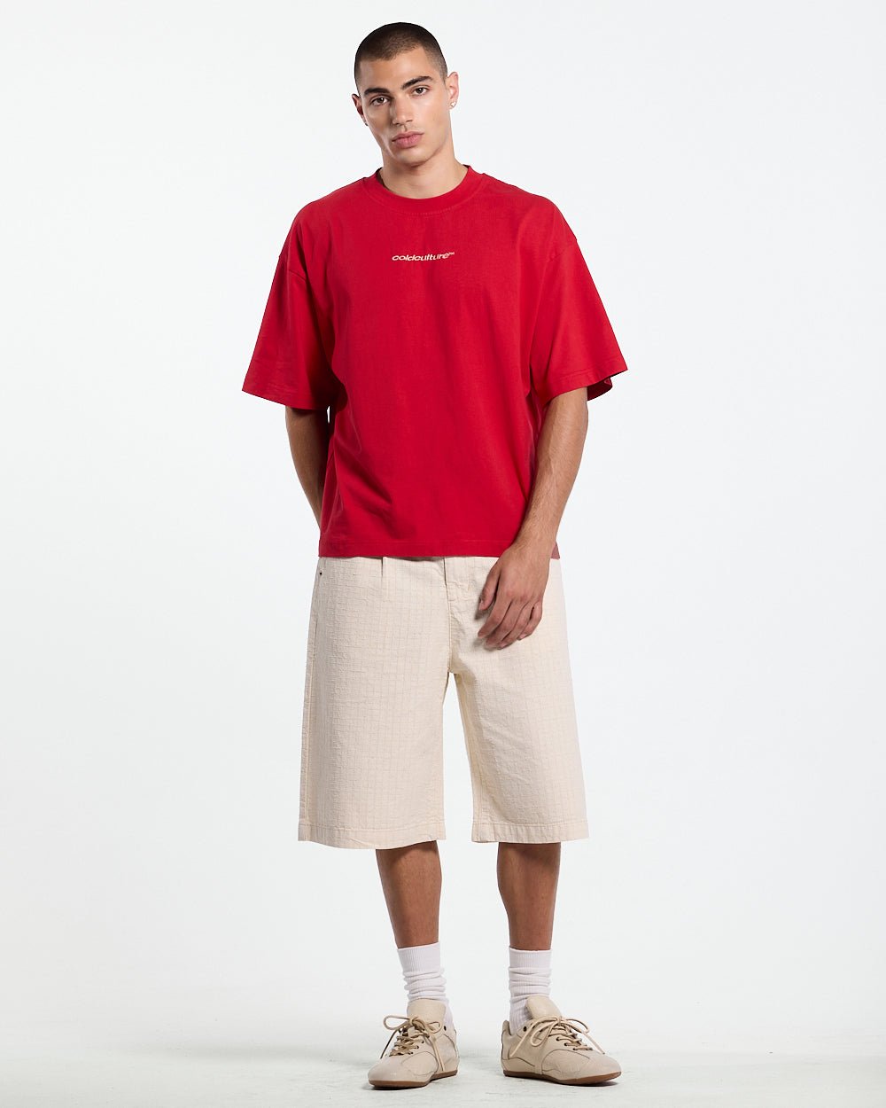 NEEDLE PUNCH SHORT WHITE - off-white textured shorts, front view on male model - Cold Culture