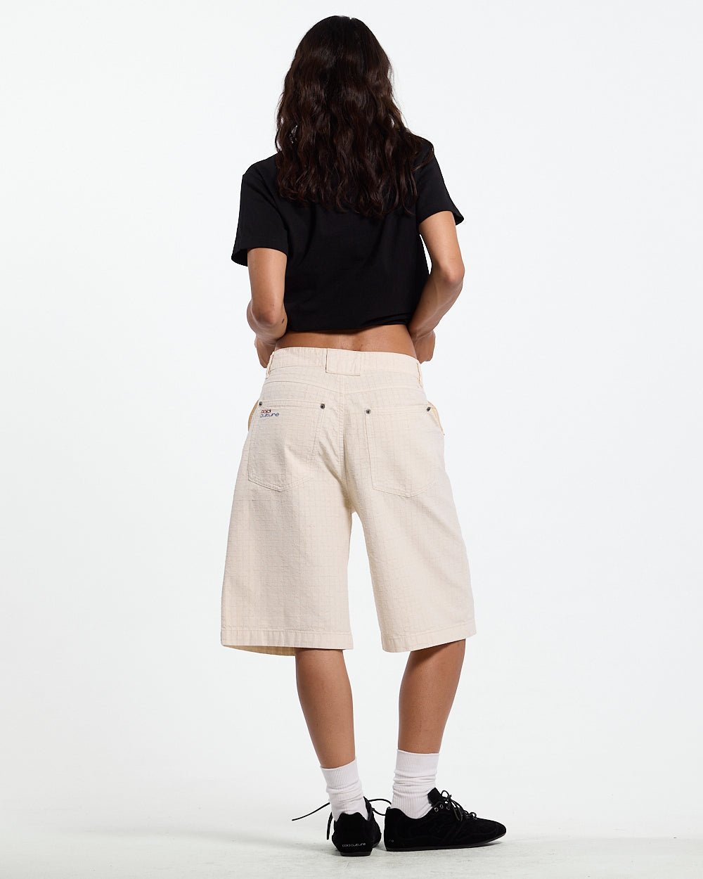 NEEDLE PUNCH SHORT WHITE - off-white textured shorts, back view on female model - Cold Culture