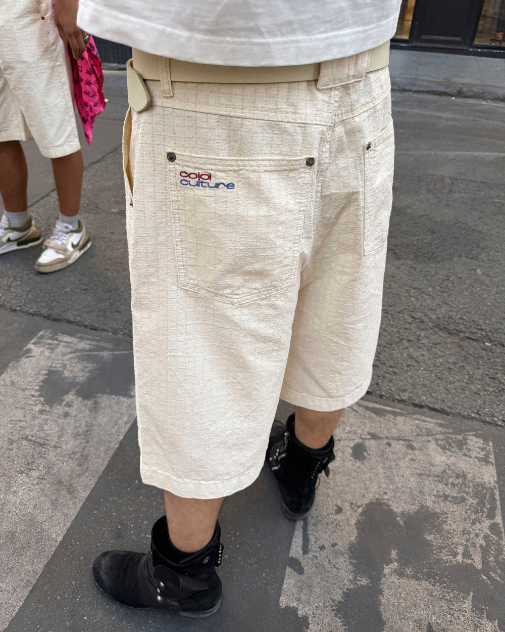 NEEDLE PUNCH SHORT WHITE - off-white textured shorts, street style shot - Cold Culture