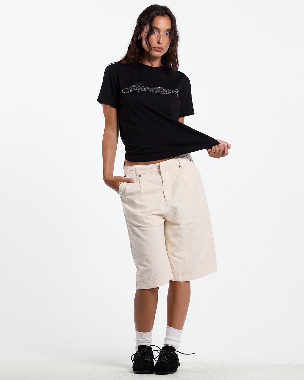 NEEDLE PUNCH SHORT WHITE - off-white textured shorts, front view on female model - Cold Culture #woman