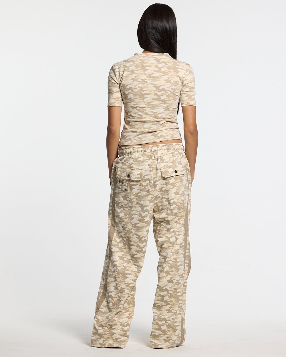 NEUTRAL FIELD BABY TEE CAMO - beige camo baby tee, back view on female model - Cold Culture