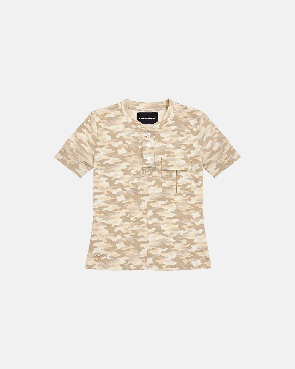 NEUTRAL FIELD BABY TEE CAMO - beige camo baby tee, front view - Cold Culture
