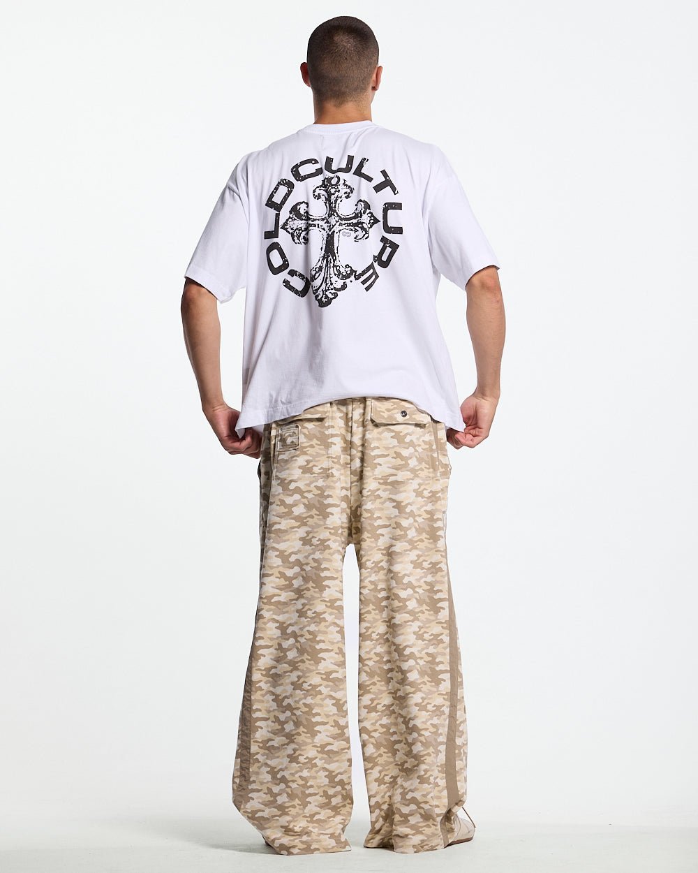 NEUTRAL FIELD SWEATPANTS CAMO - beige camo sweatpants, back view on male model - Cold Culture