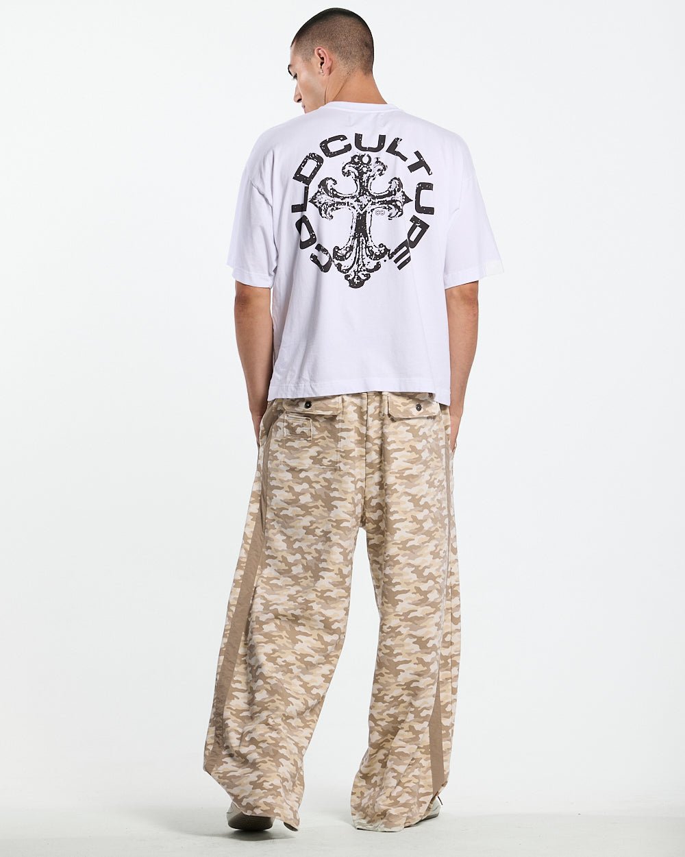 NEUTRAL FIELD SWEATPANTS CAMO - beige camo sweatpants, back view on male model - Cold Culture