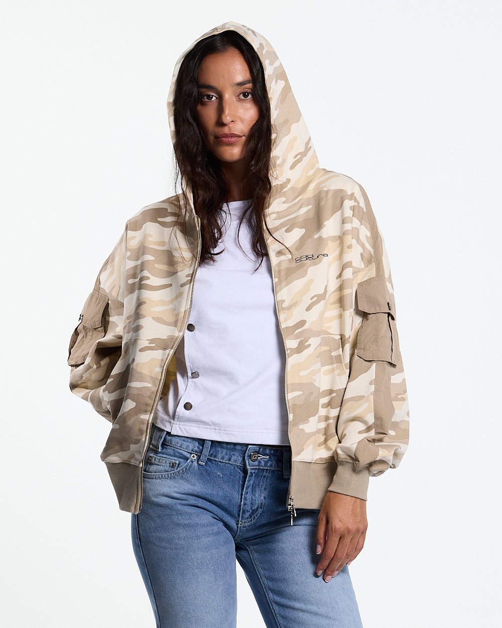 NEUTRAL FIELD ZIP HOODIE CAMO - beige camo zip-up hoodie, front view on female model - Cold Culture #woman
