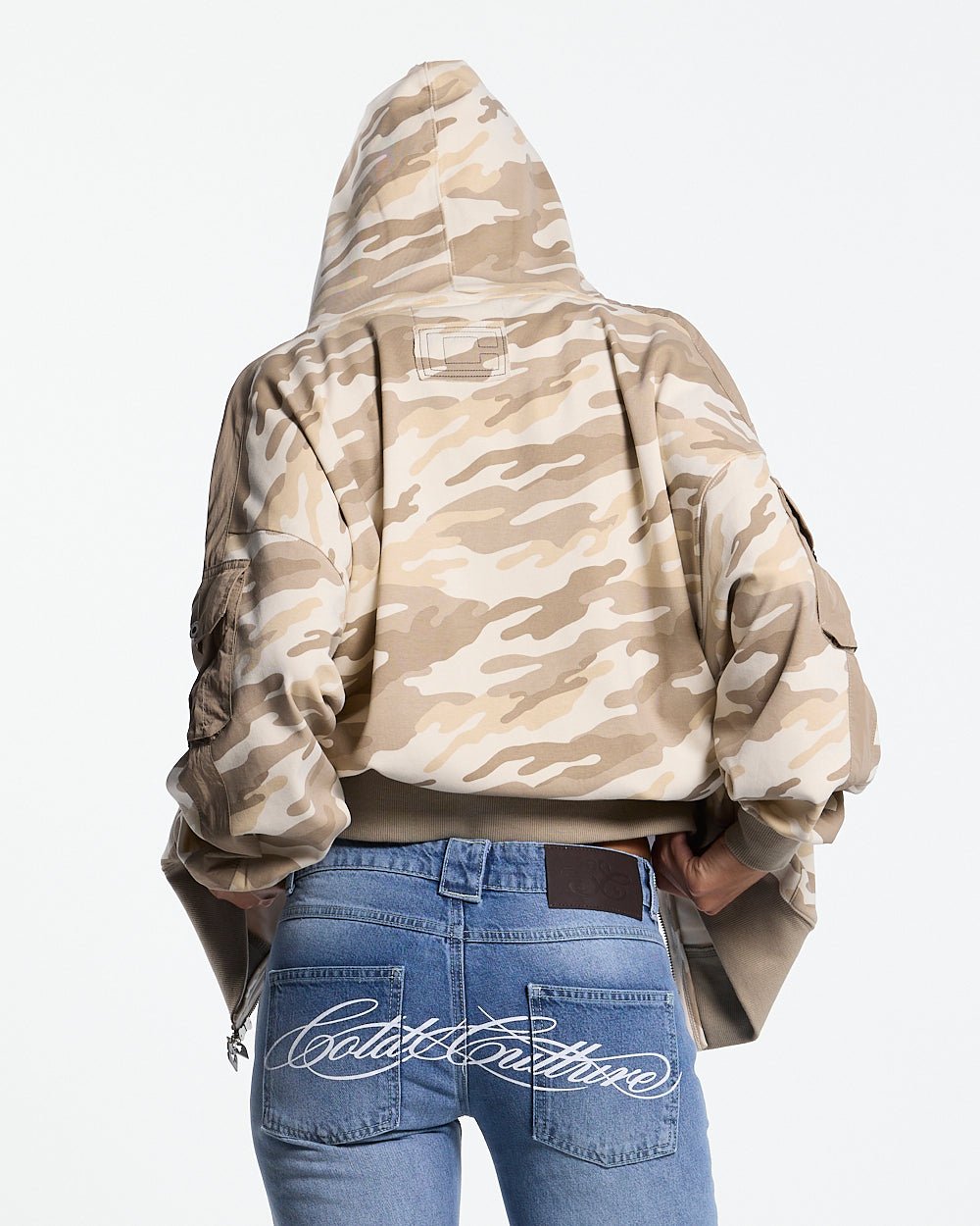 NEUTRAL FIELD ZIP HOODIE CAMO - beige camo zip-up hoodie, back view on female model - Cold Culture