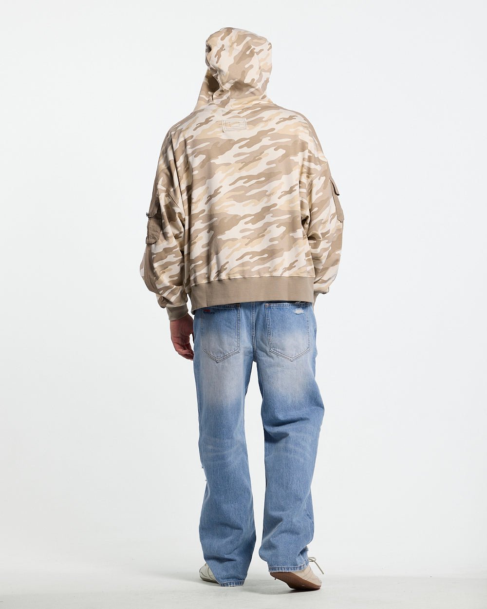 NEUTRAL FIELD ZIP HOODIE CAMO - beige camo zip-up hoodie, back view on male model - Cold Culture
