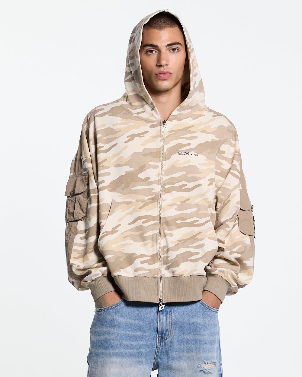 NEUTRAL FIELD ZIP HOODIE CAMO - beige camo zip-up hoodie, front view on male model - Cold Culture
