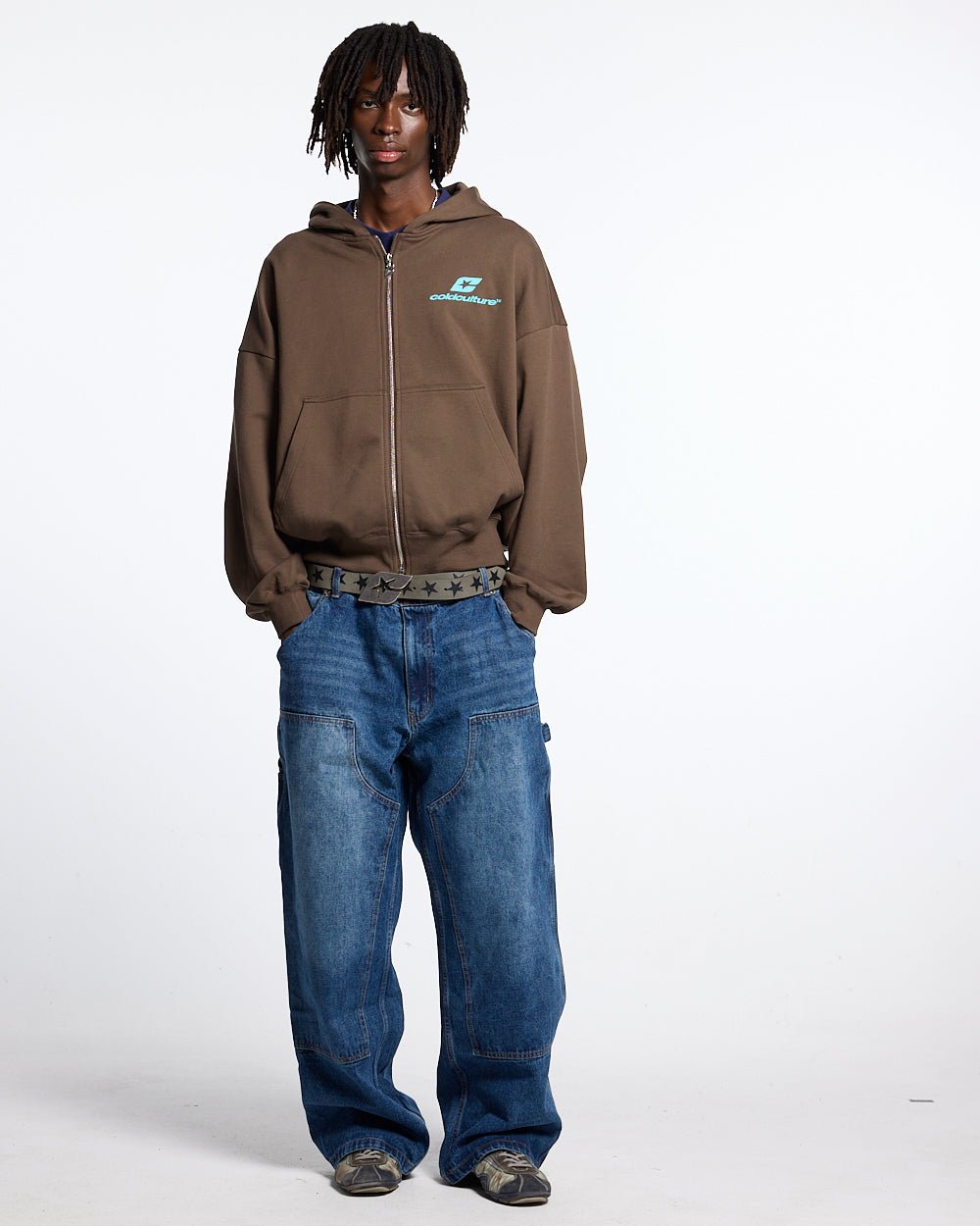 NEW CURVED ZIP HOODIE BROWN & BLUE - COLD CULTURE