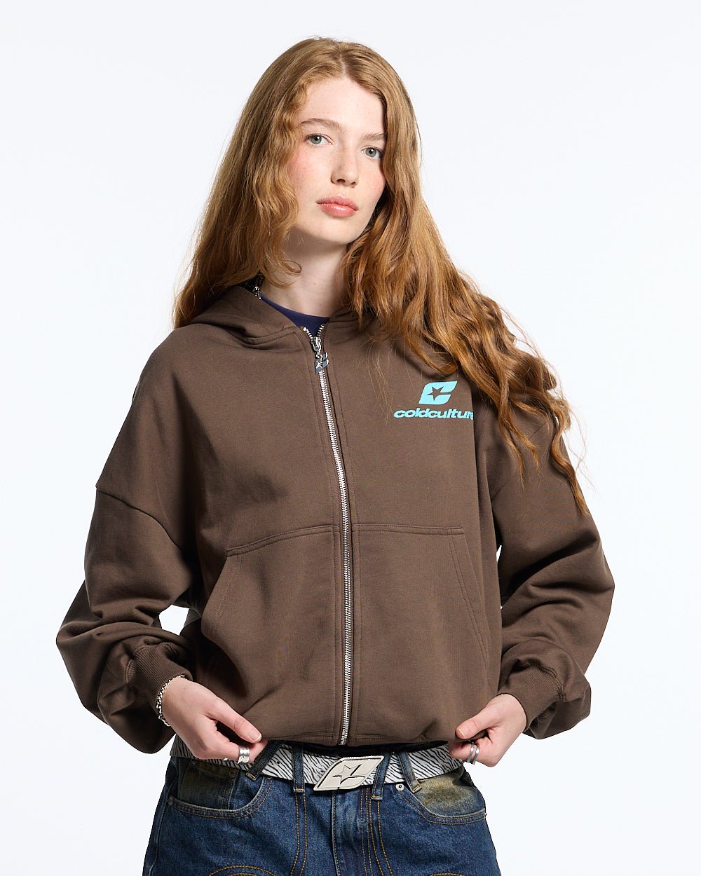 NEW CURVED ZIP HOODIE BROWN & BLUE - COLD CULTURE