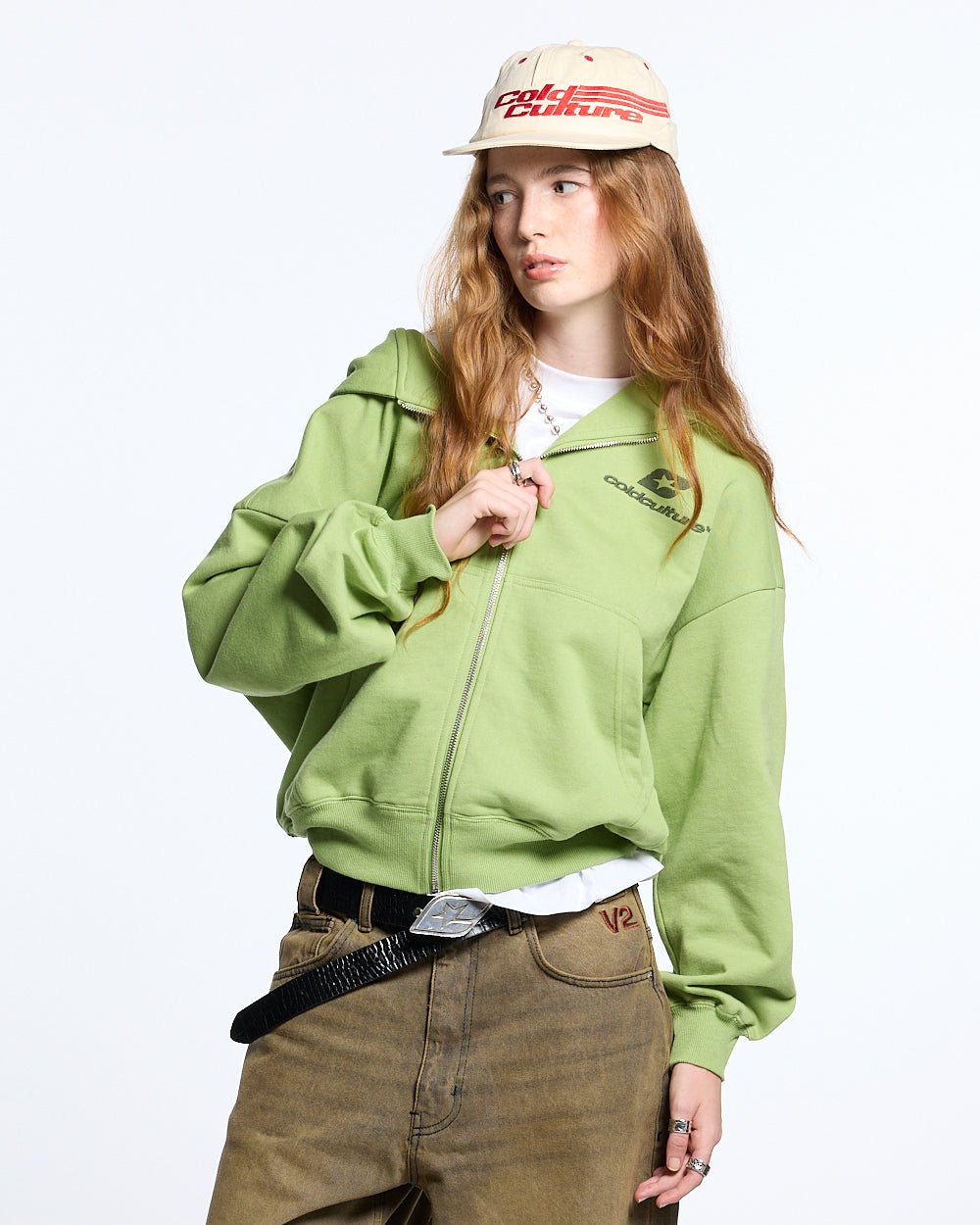 NEW CURVED ZIP HOODIE GREEN - COLD CULTURE