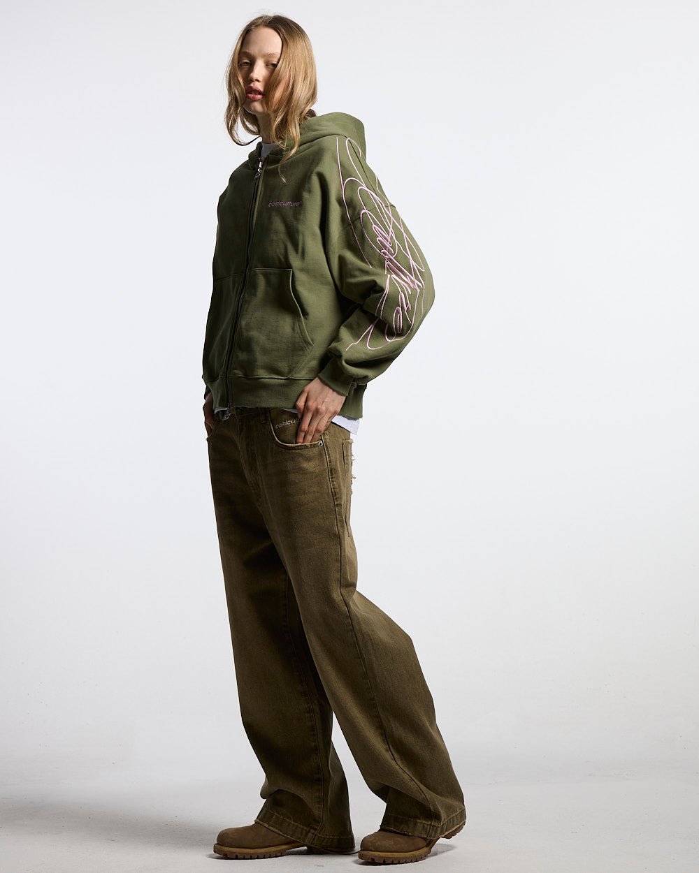 NEW SCRIPT ZIP HOODIE GREEN & PINK - Cold Culture