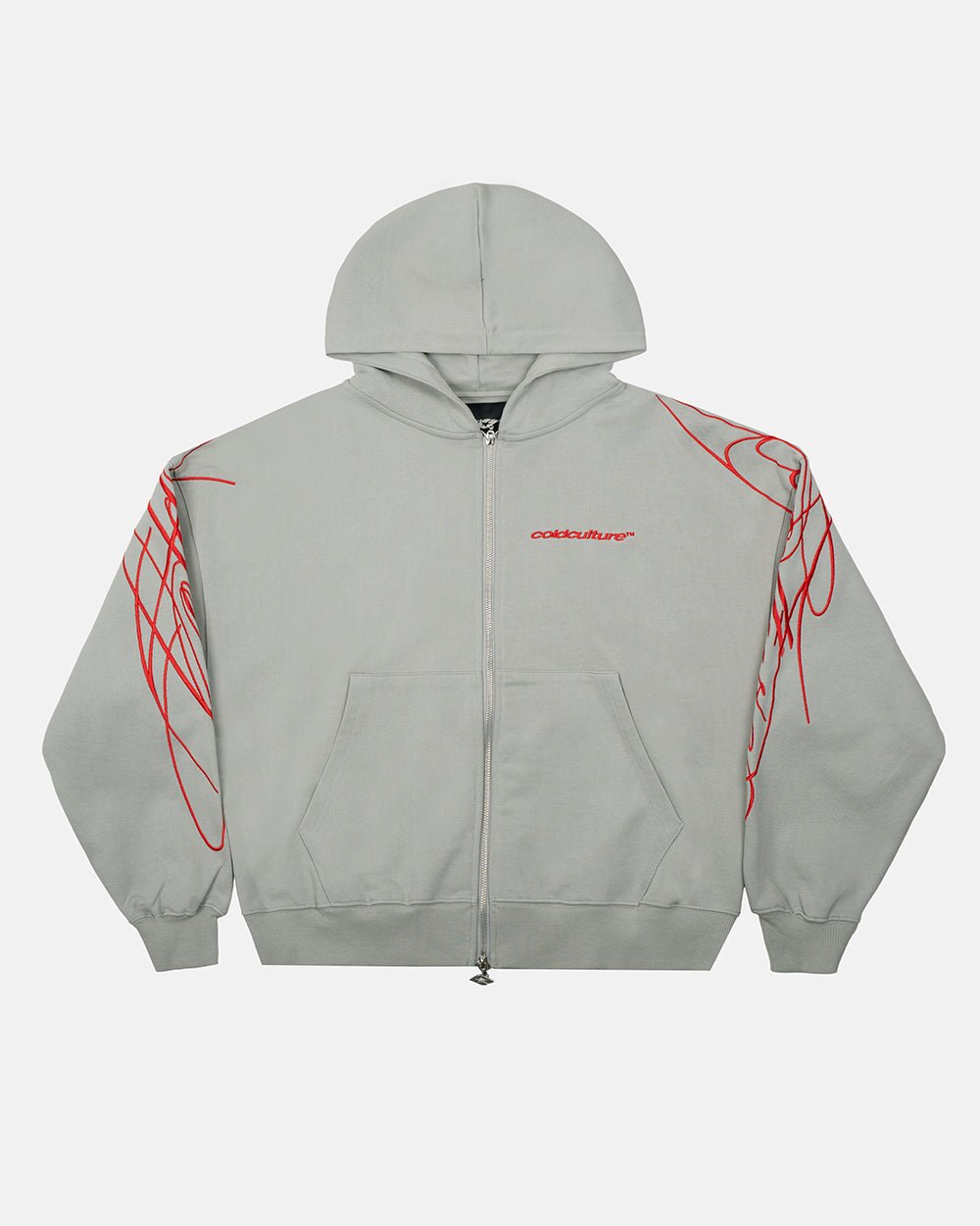NEW SCRIPT ZIP HOODIE GREY & RED - Cold Culture