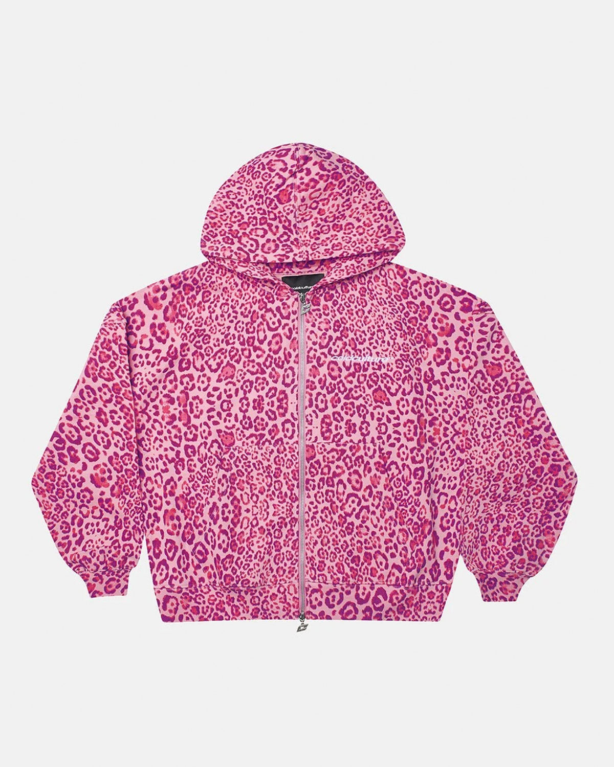 NOCTURNE BEAST ZIP HOODIE PINK - pink leopard print zip-up hoodie, front view - Cold Culture #packshot