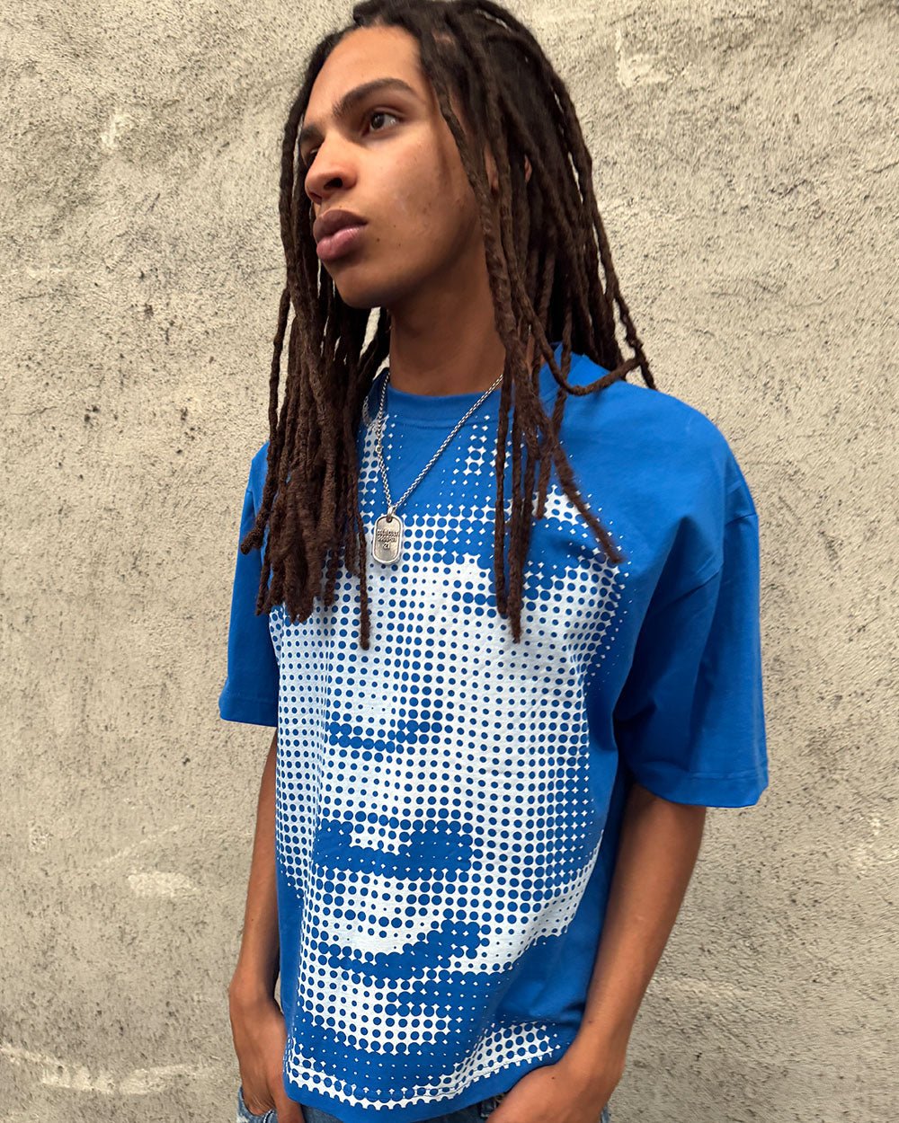OOPS! TEE BLUE - blue graphic print tee, street style shot - Cold Culture
