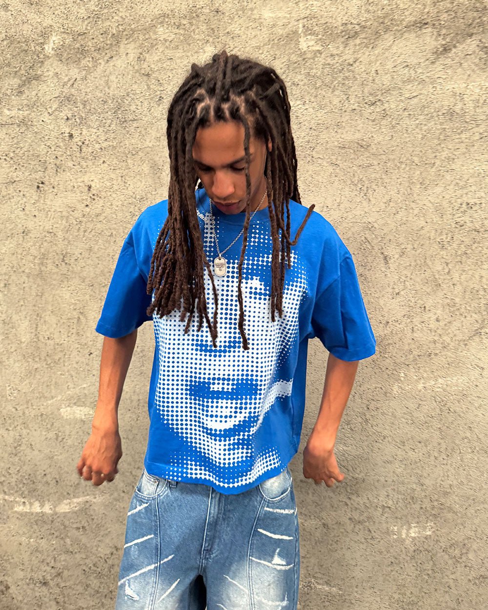OOPS! TEE BLUE - blue graphic print tee, street style shot - Cold Culture