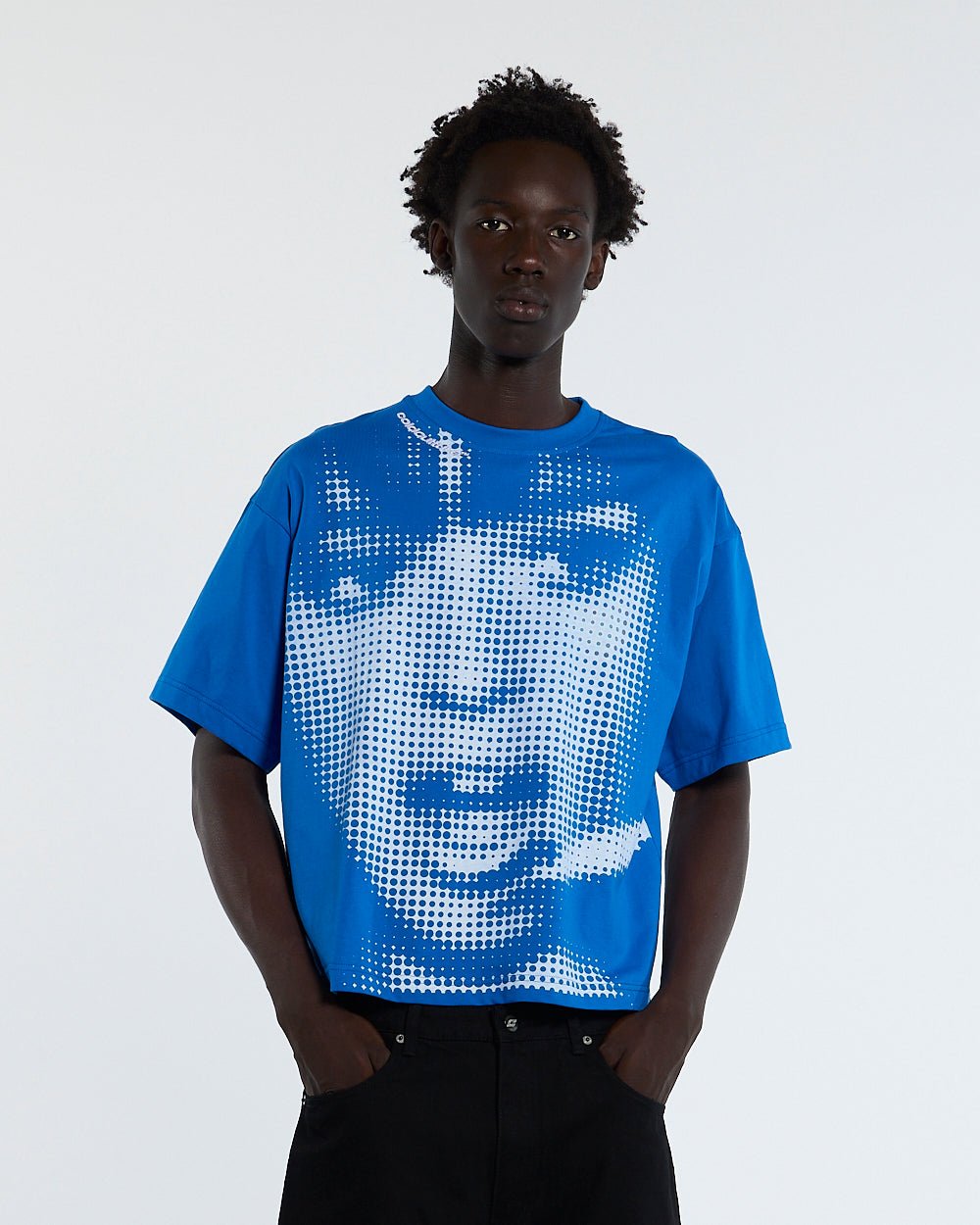 OOPS! TEE BLUE - blue graphic print tee, front view on male model - Cold Culture