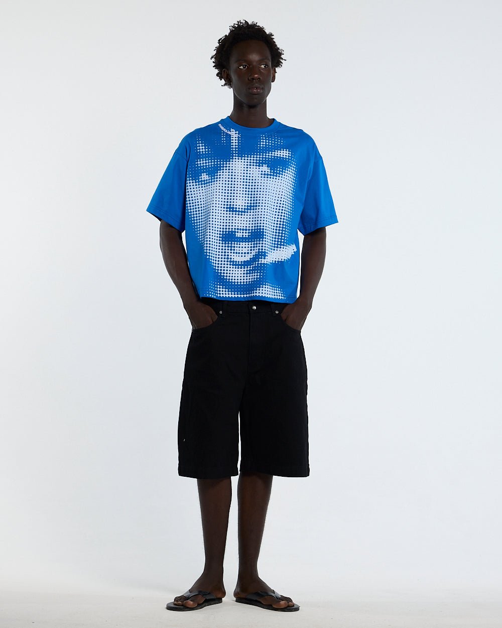 OOPS! TEE BLUE - blue graphic print tee, front view on male model - Cold Culture
