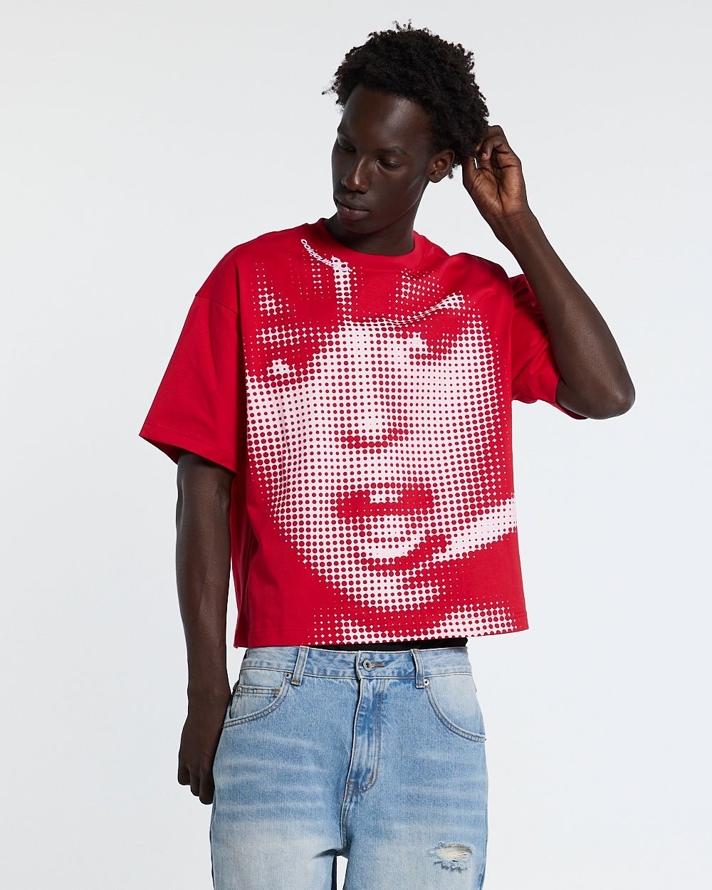 OOPS! TEE RED - red graphic print tee, front view on male model - Cold Culture