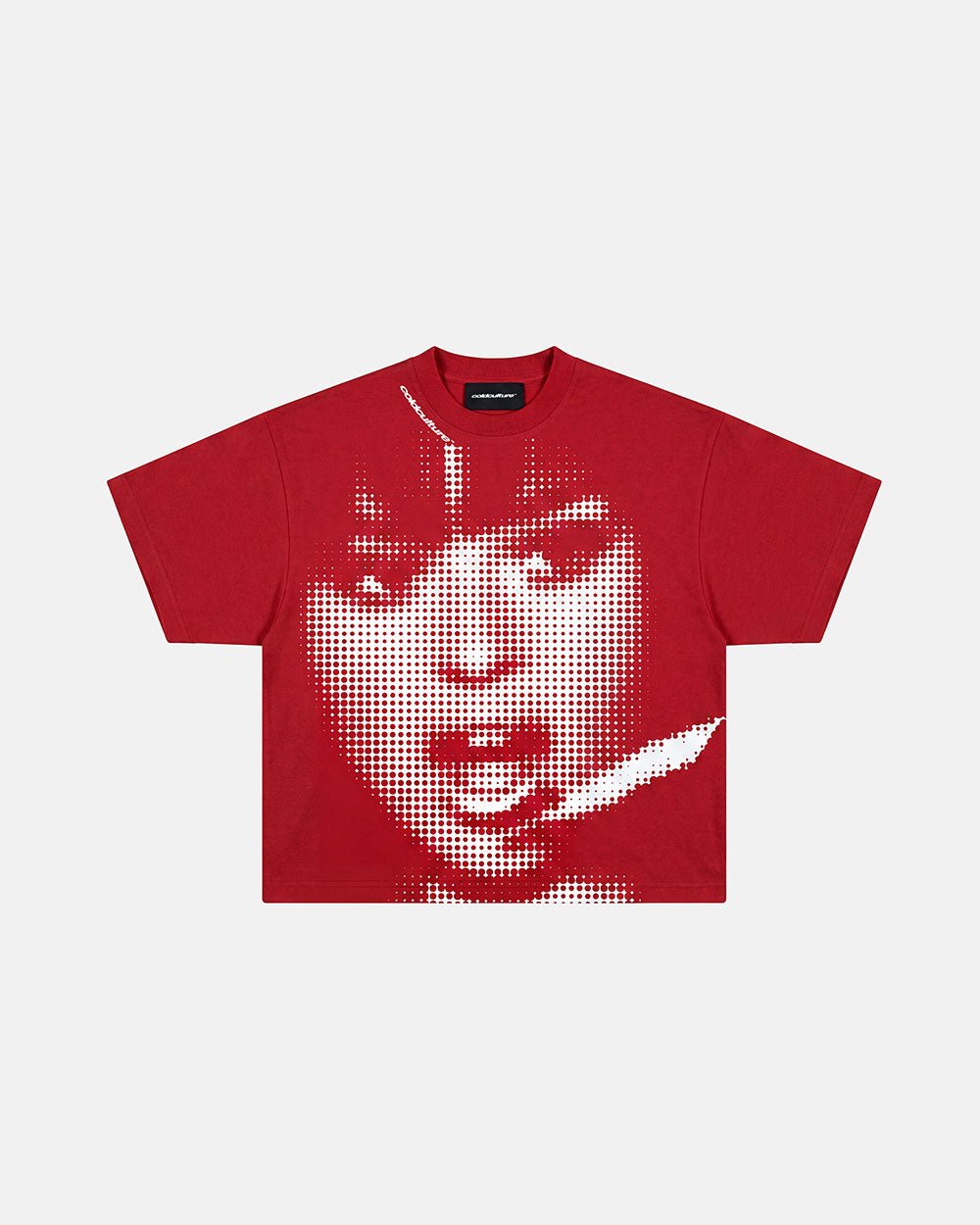 OOPS! TEE RED - red graphic print tee, front view - Cold Culture