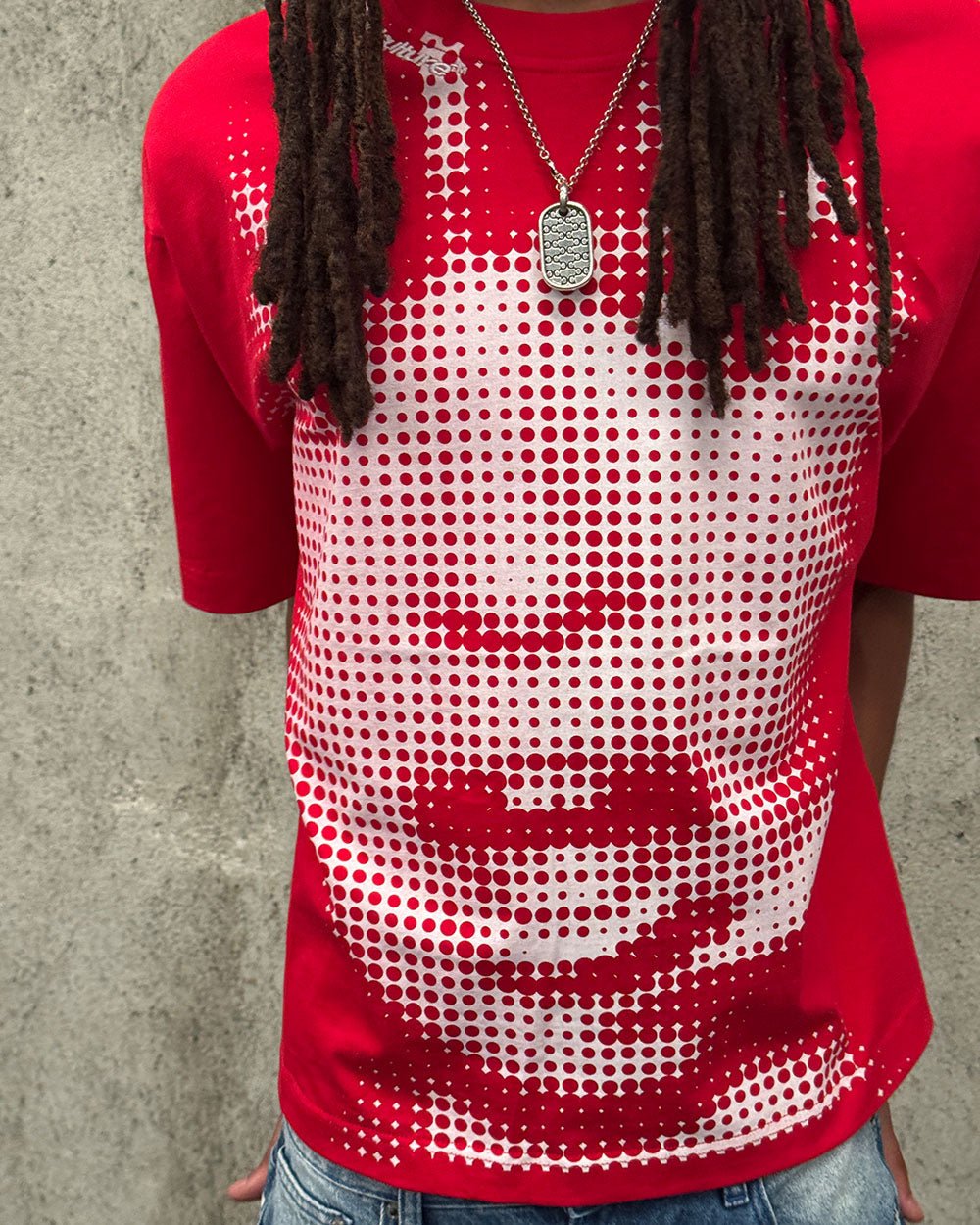 OOPS! TEE RED - red graphic print tee, on model close-up - Cold Culture