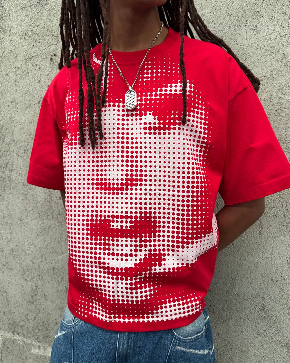 OOPS! TEE RED - red graphic print tee, on model close-up - Cold Culture