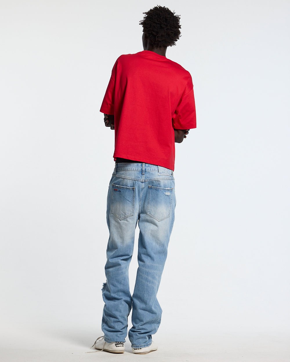 OOPS! TEE RED - red graphic print tee, back view on male model - Cold Culture