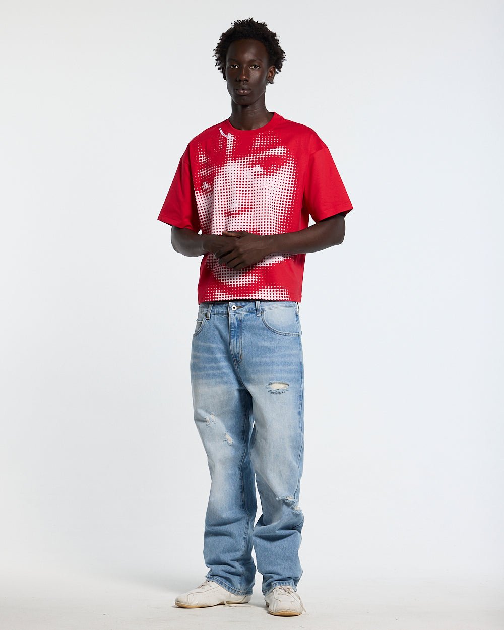 OOPS! TEE RED - red graphic print tee, front view on male model - Cold Culture