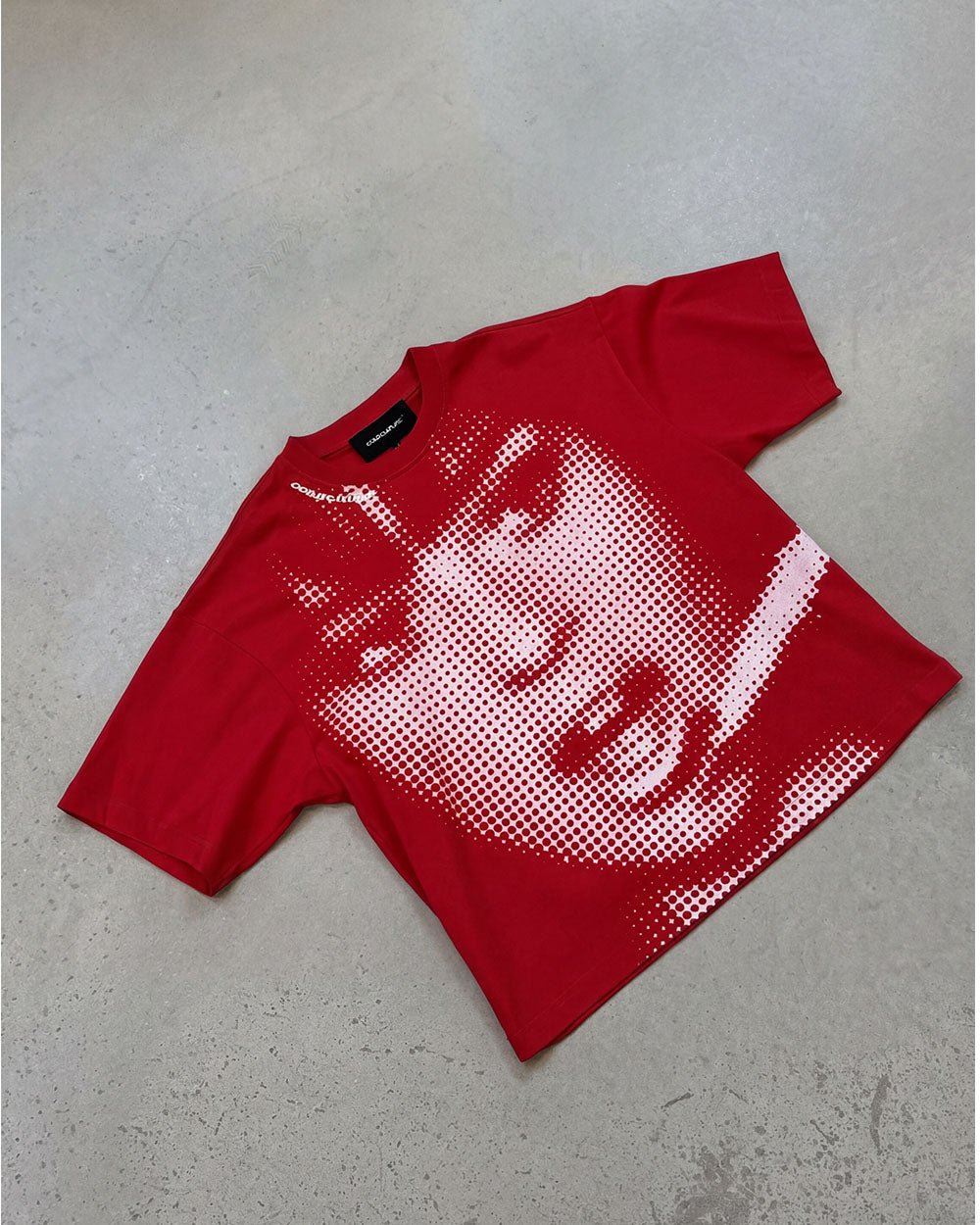 OOPS! TEE RED - red graphic print tee, flat lay - Cold Culture